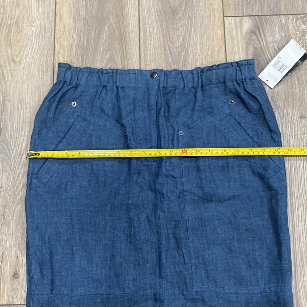 NWT DKNY 100% Linen Denim Blue Elastic Waist Knee Length Skirt 10 - Picture 13 of 16